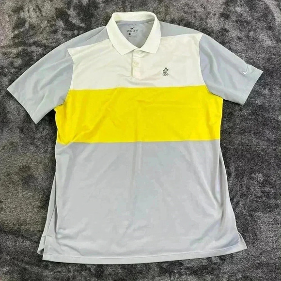 Nike Golf Dri-Fit Mickey Mouse Disney Parks Men's Polo Sz L Striped Yellow Gray - Picture 1 of 11